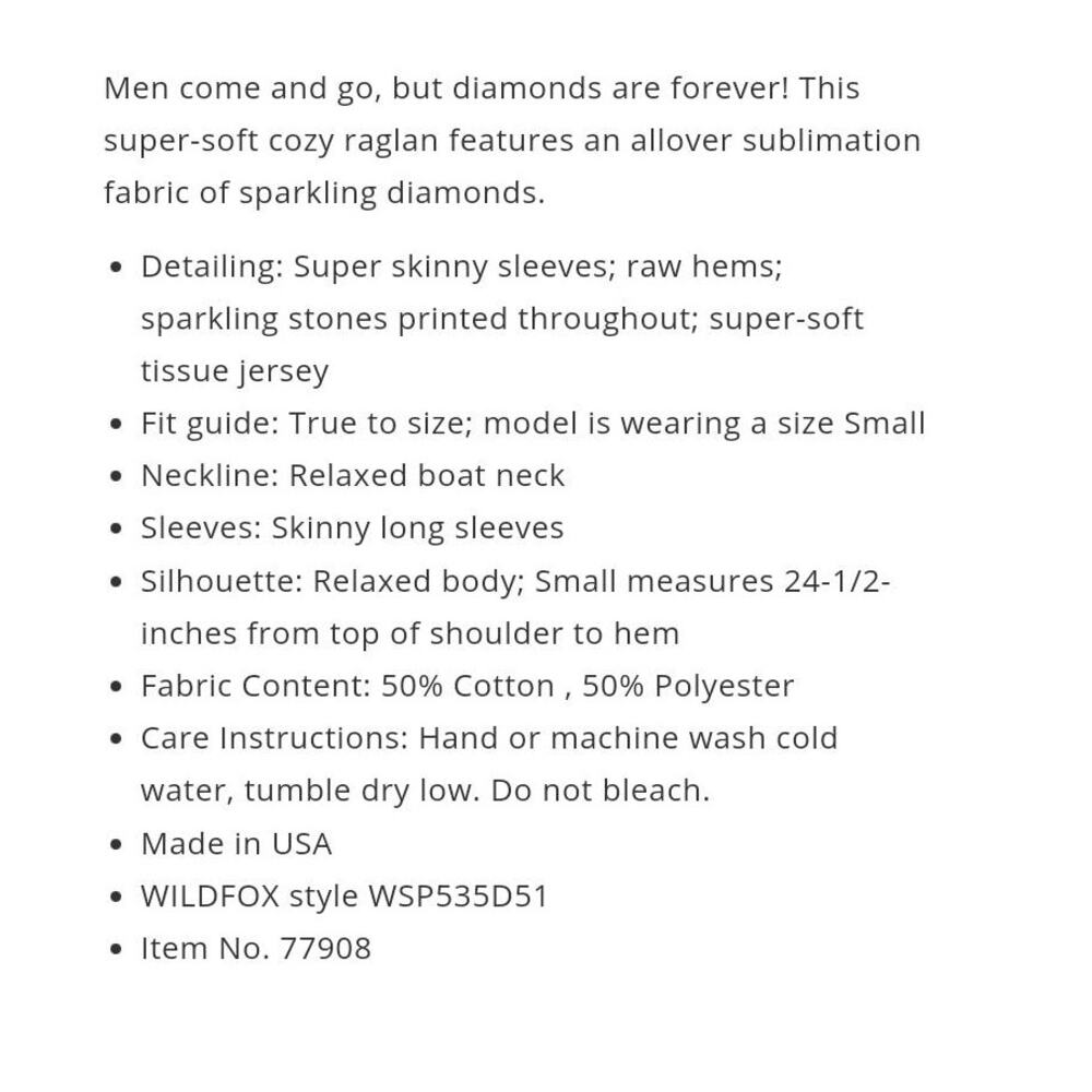 Wildfox Forever Diamond Print Cozy Raglan Tee NWOT - Picture 11 of 11